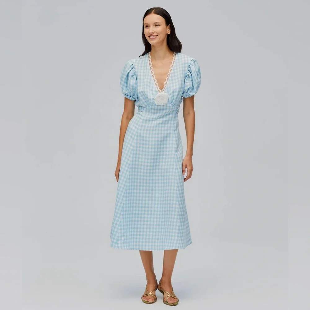 NWT SLEEPER The Genus Rosa Linen Blend Gingham Midi Dress in Blue Vichy Sz XL - Picture 1 of 15